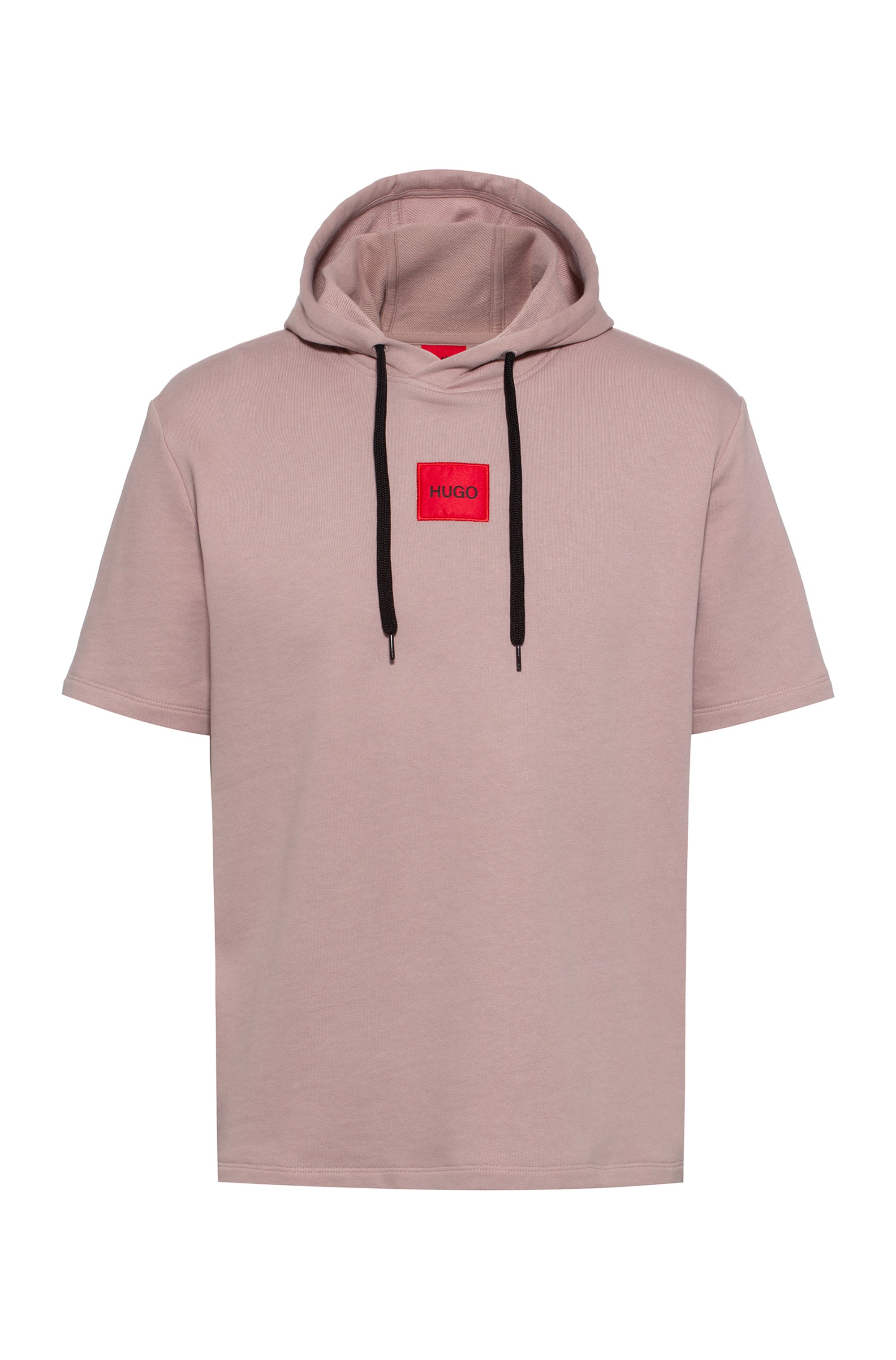 Short-sleeved hoodie in French terry with logo patch, Light Brown