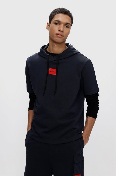 Short-sleeved hoodie in French terry with logo patch, Dark Blue