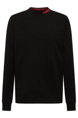 T-shirt à manches longues en coton mercerisé avec col cheminée à logo