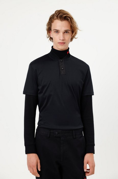 Cotton polo shirt with college collar, Black