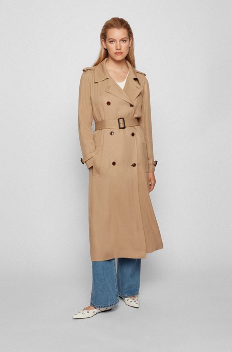Double-breasted trench coat with stitch-trimmed belt, Beige