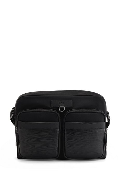 Recycled-nylon messenger bag with Italian-leather trims, Black