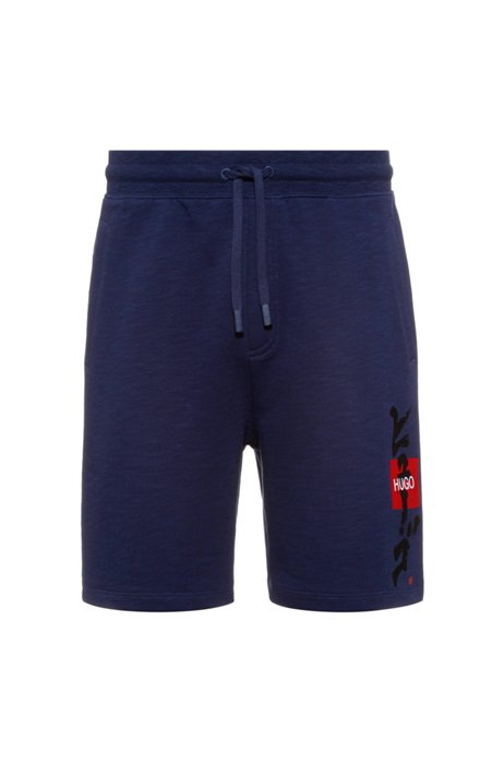 Logo shorts in French terry cotton with calligraphy artwork, Dark Blue