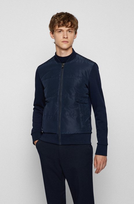 French-terry zip-through sweatshirt with quilted front panel, Dark Blue