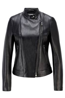 Veste en cuir avec devant asymétrique et doublure logotée