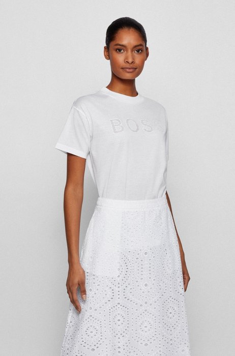 Organic-cotton T-shirt with perforated logo appliqué, White