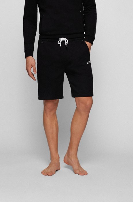 Shorts homewear de felpa de algodón con cinta con logo y rayas laterales, Negro