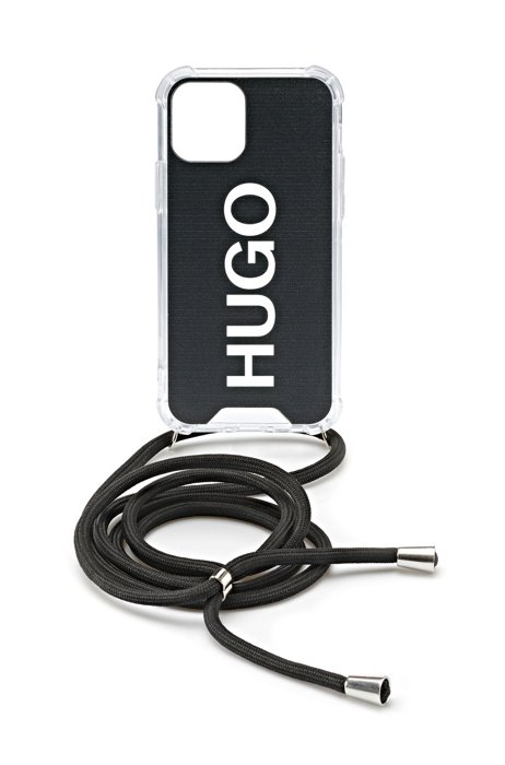 Logo-print phone case with adjustable rope strap, Black