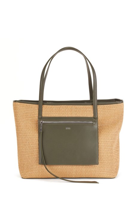 Raffia shopper bag with leather pocket and zip puller, White