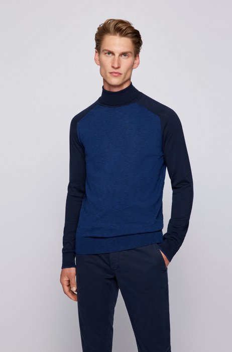 Slim-fit turtleneck sweater in lightweight cotton, Dark Blue