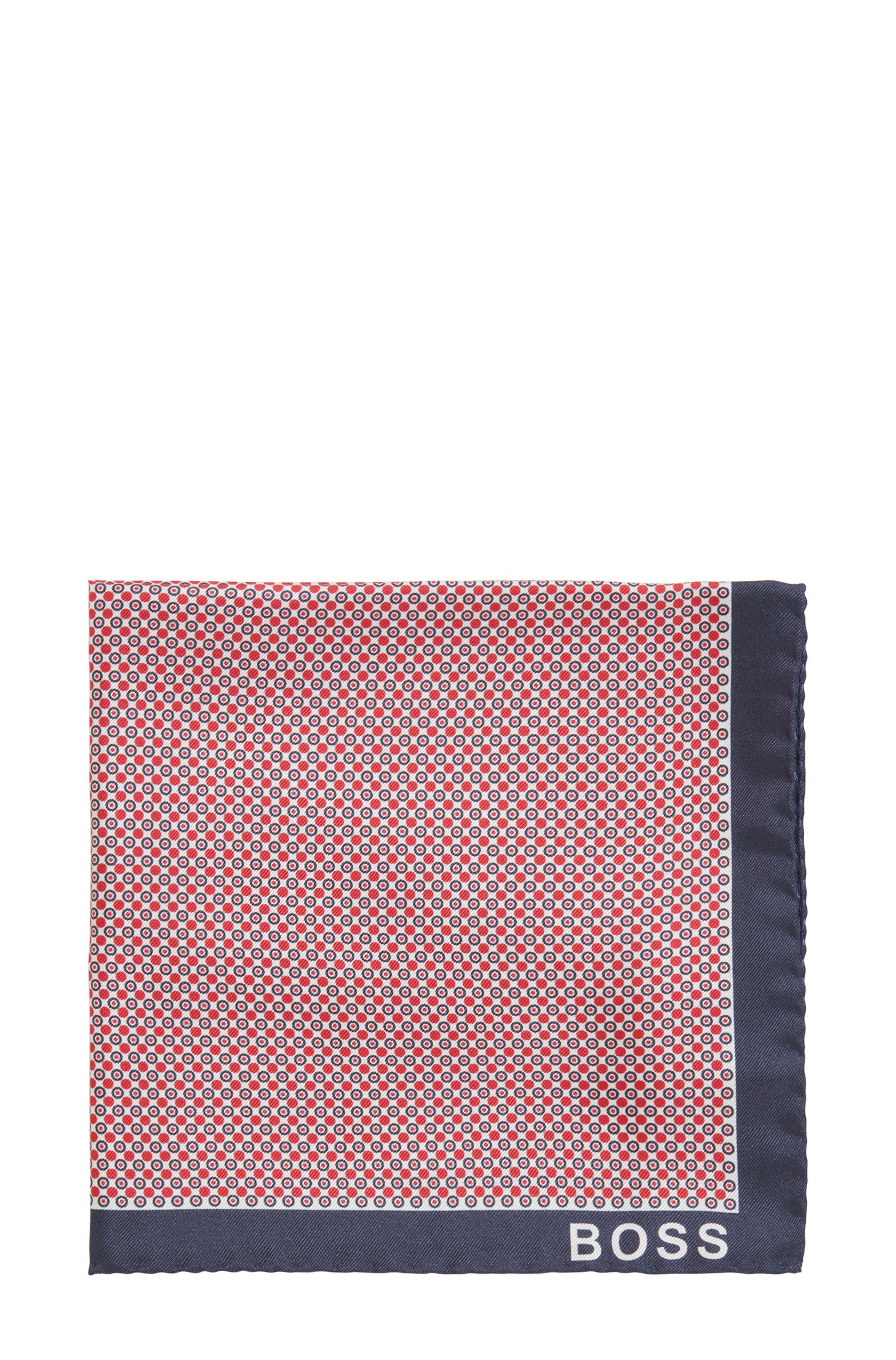 Pañuelo de bolsillo estampado elaborado en Italia con dobladillo enrollado., Rojo estampado