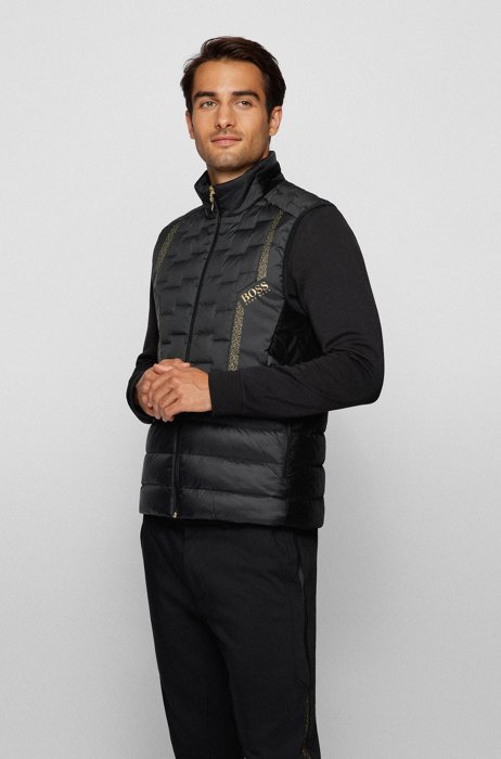Down gilet with pixel artwork and logo, Black