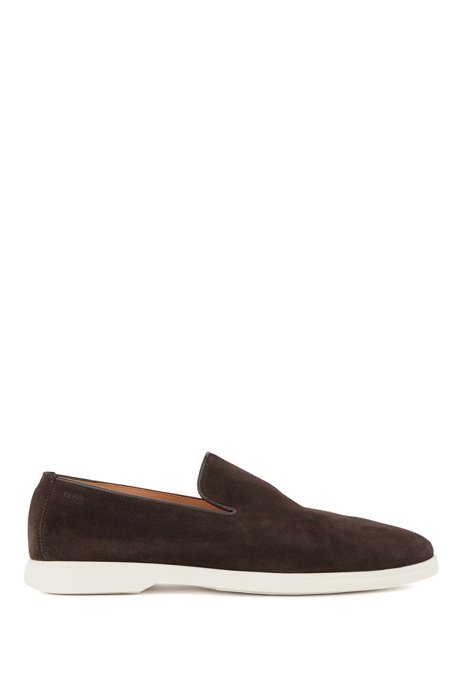 Suede loafers with embossed logo, Dark Brown