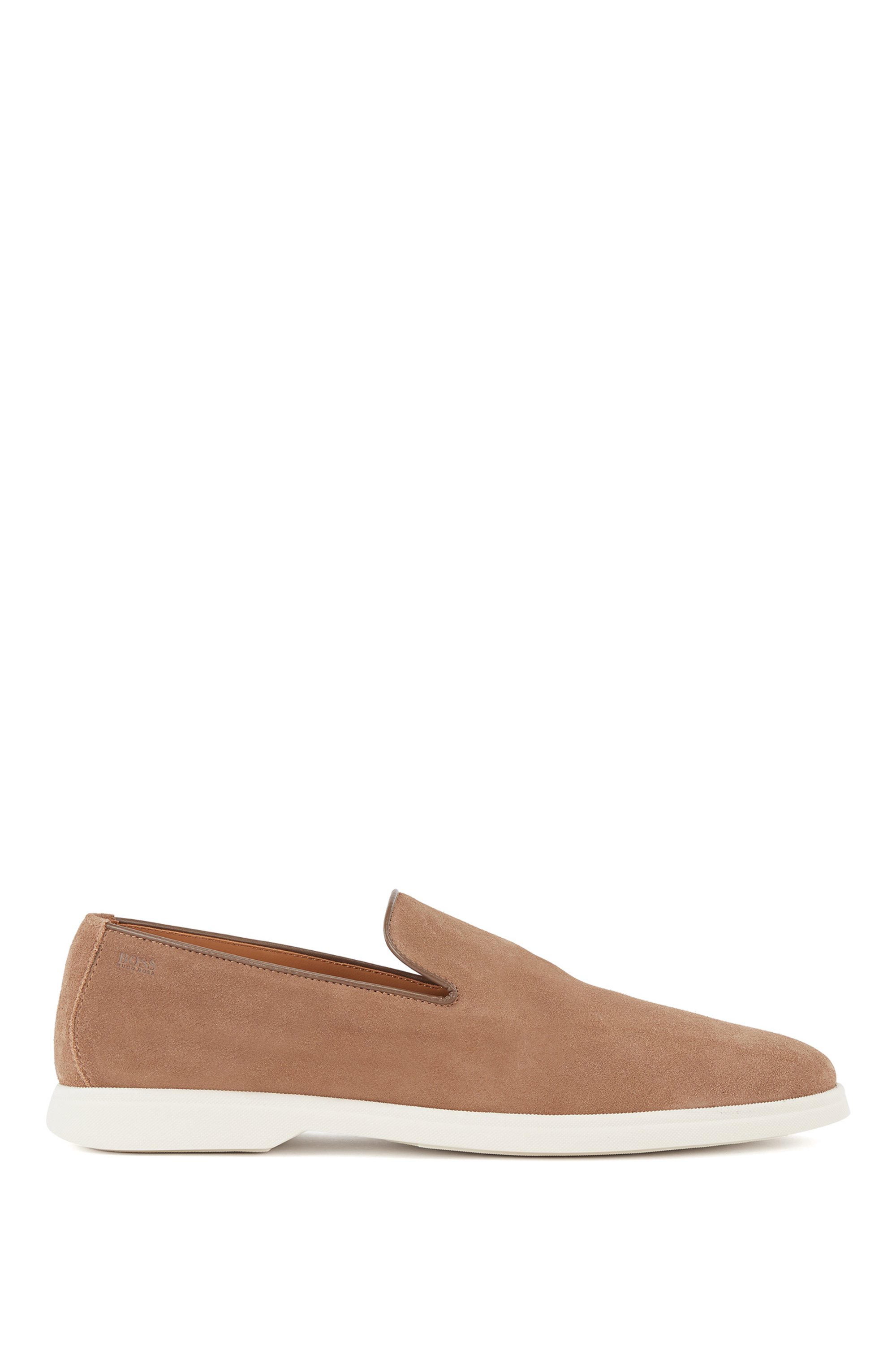 Suede loafers with embossed logo, Beige