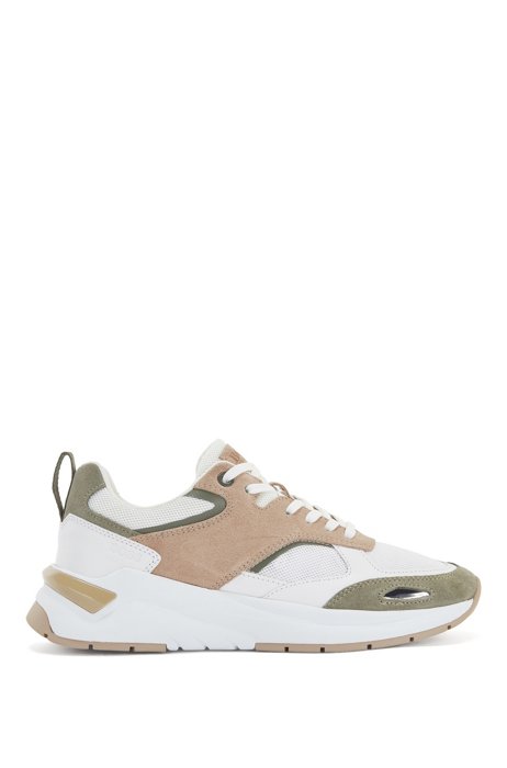 Mixed-material low-profile trainers with leather trims, Beige
