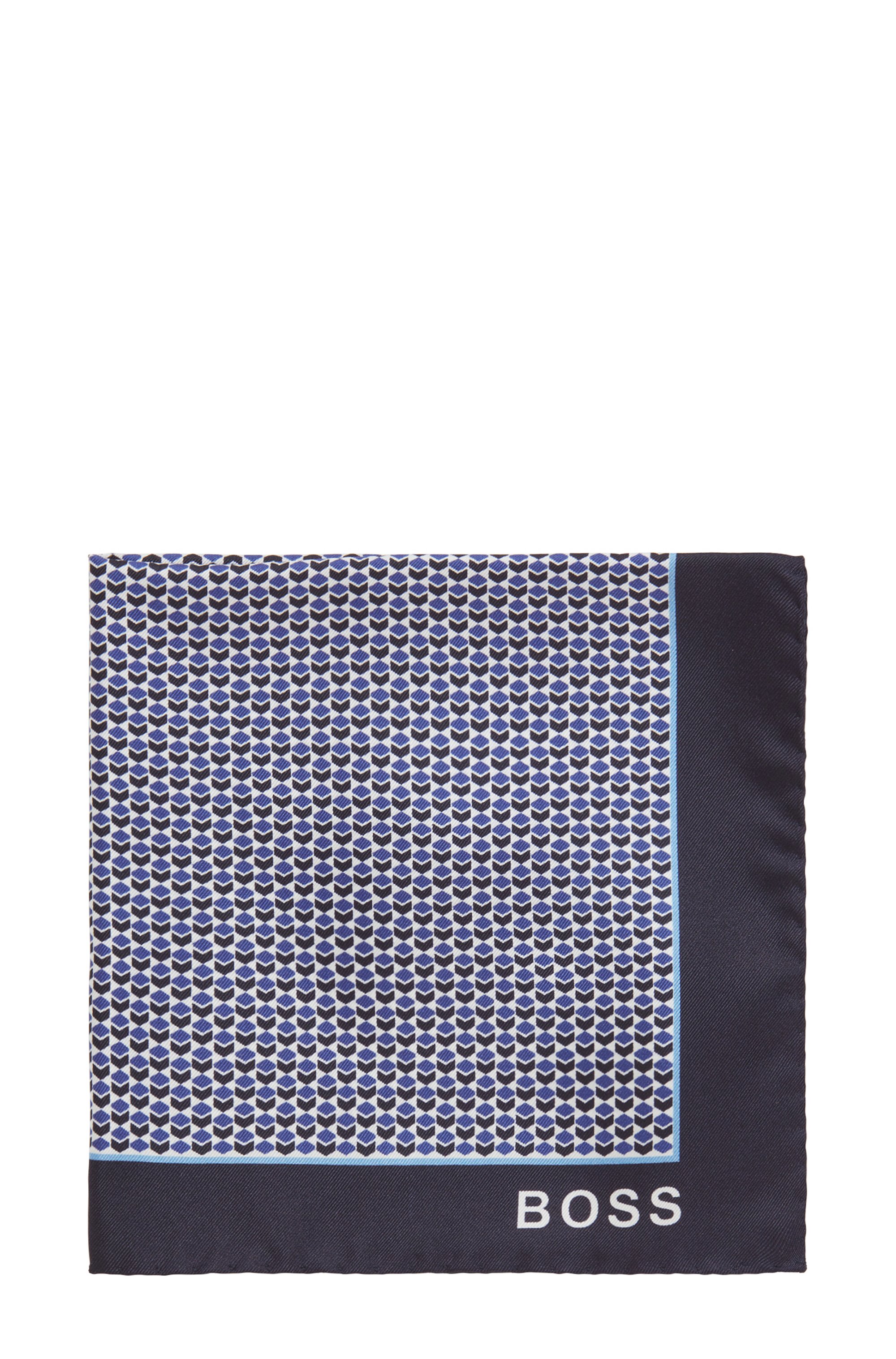 Carré de poche en soie à imprimé géométrique, Bleu à motif