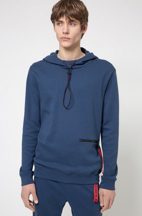Interlock-cotton hooded sweatshirt with zipped pocket, Dark Blue
