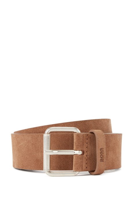 Suede belt with roller buckle and logo keeper, Brown