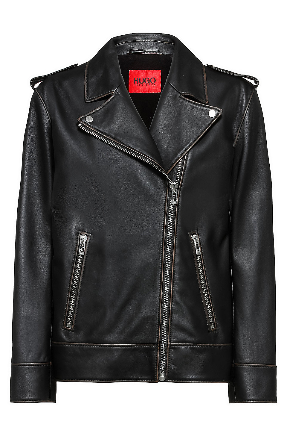 HUGO - Relaxed-fit biker jacket in leather with asymmetric zip