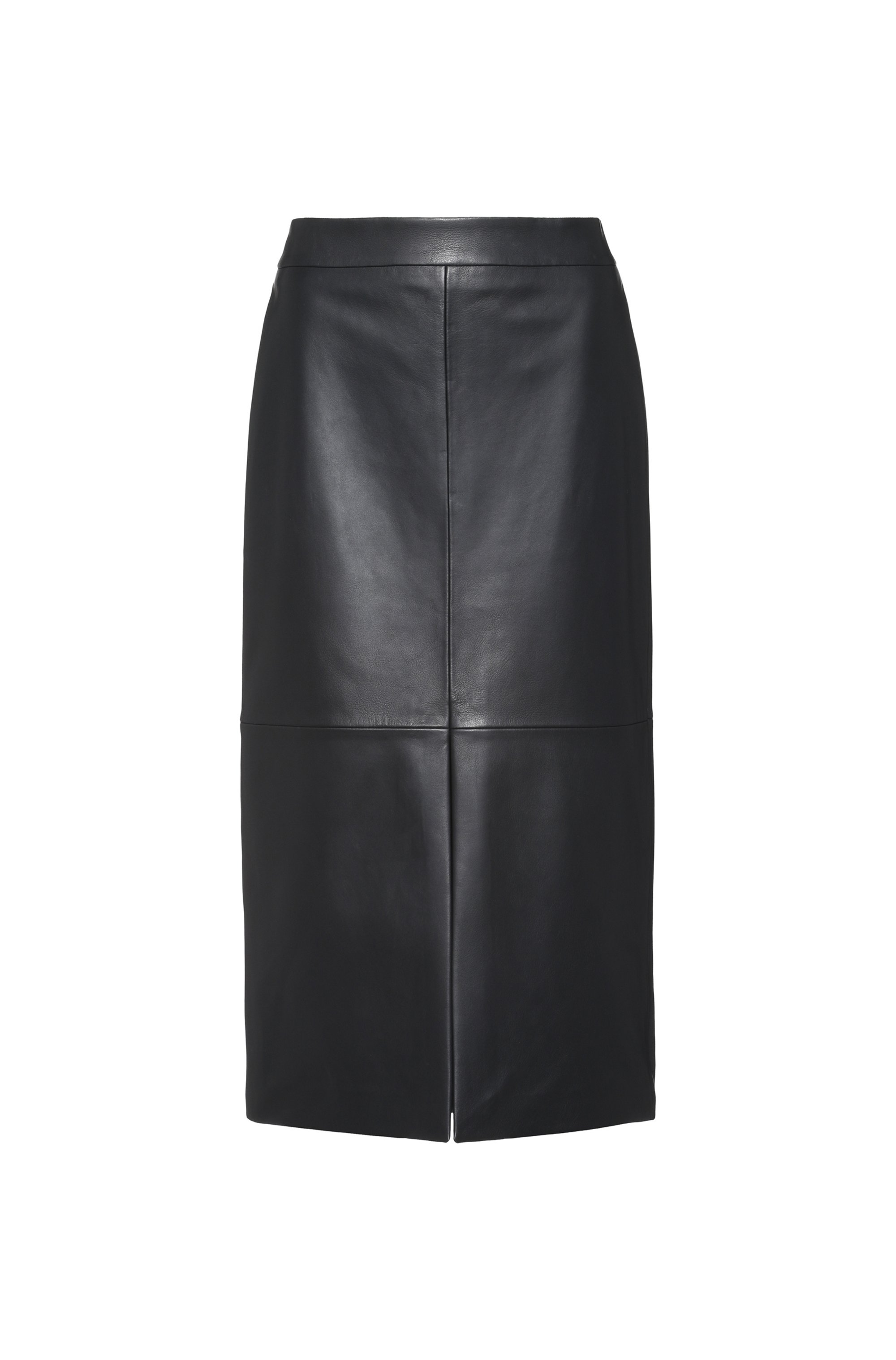 Leather pencil skirt with front slit, Black