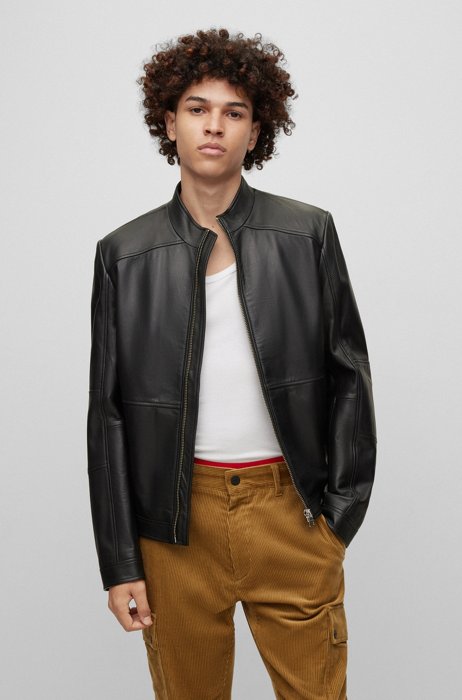 Extra-slim-fit biker jacket in leather, Black