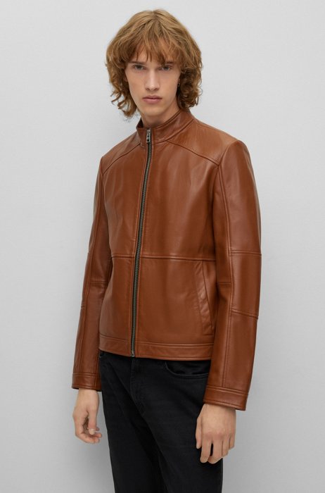 Extra-slim-fit biker jacket in leather, Brown