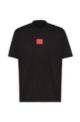 High-neck stretch-cotton T-shirt with red logo label, Black