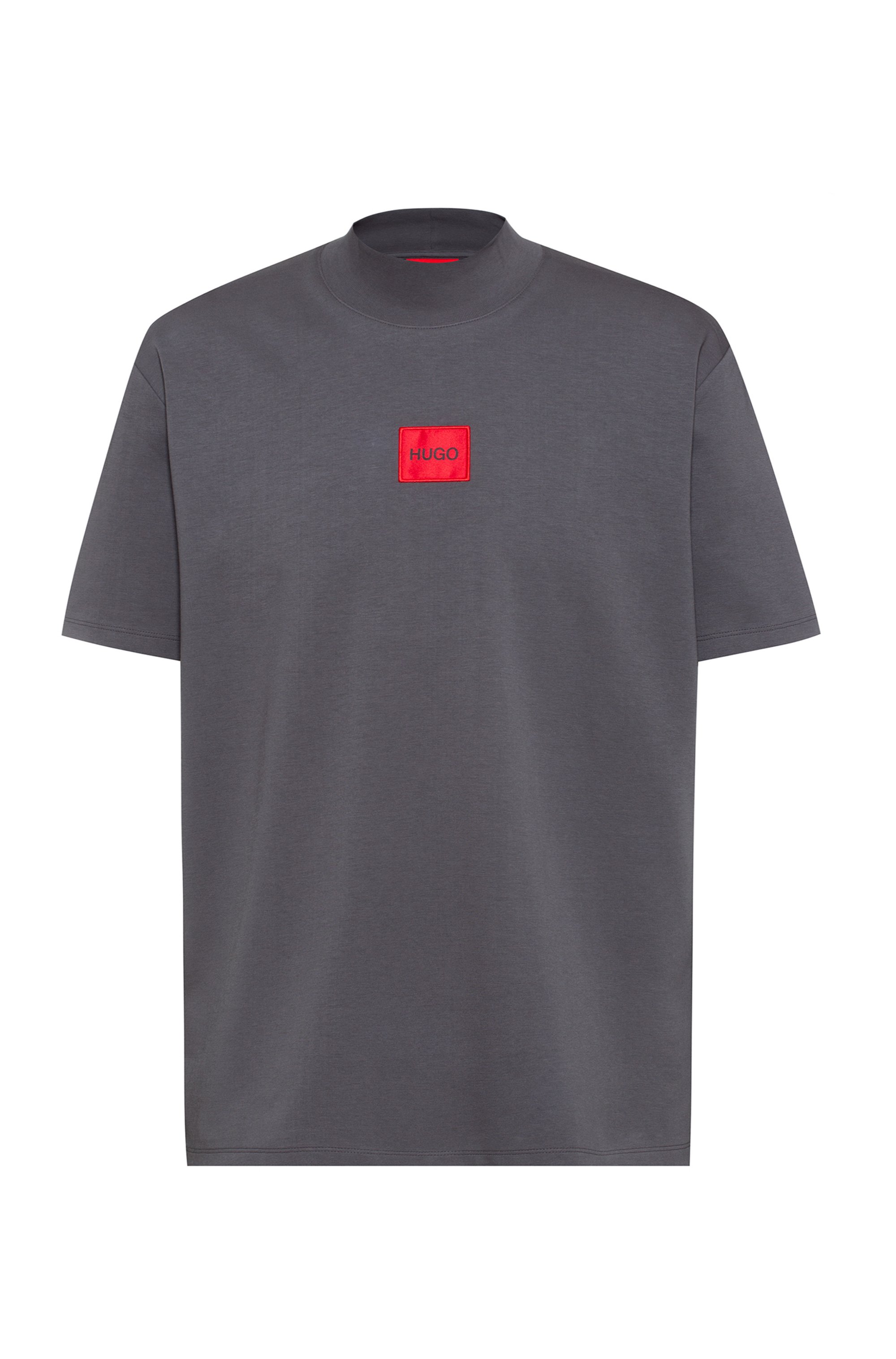 T-shirt van stretchkatoen met hoge hals en rood logolabel, Donkergrijs