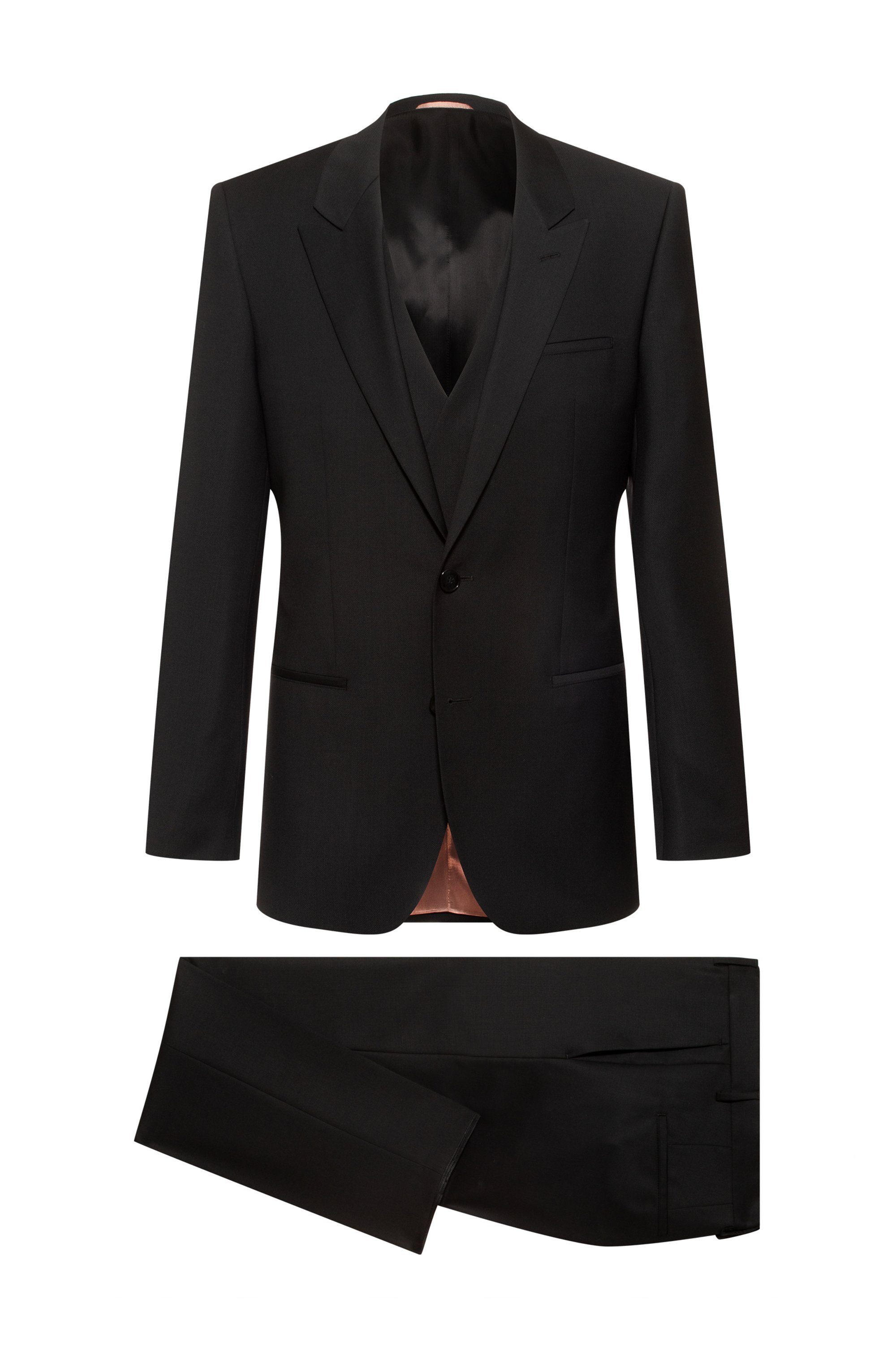 Three-piece slim-fit suit in virgin-wool panama, Black