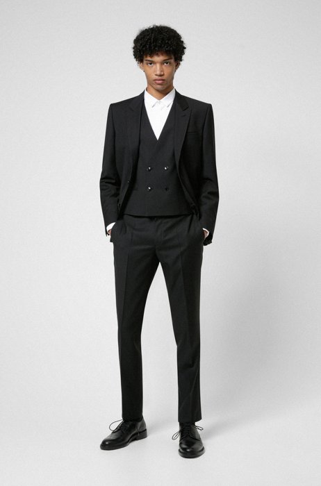 Three-piece slim-fit suit in virgin-wool panama, Black