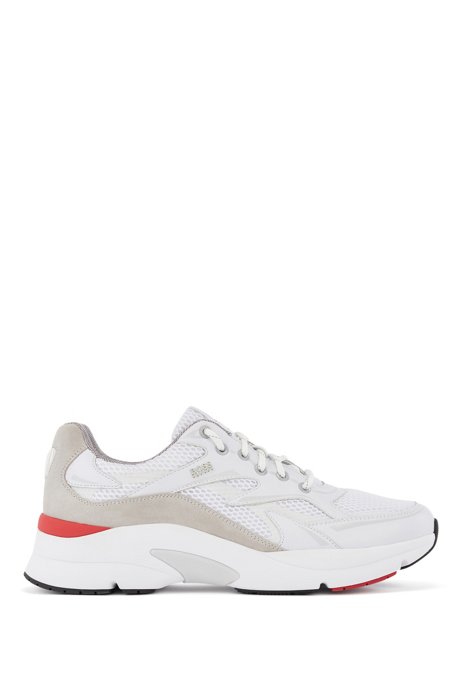 Running-inspired trainers in leather, suede and open mesh, White