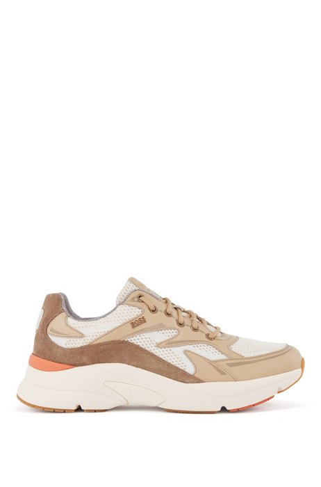 Running-inspired trainers in leather, suede and open mesh, Light Beige