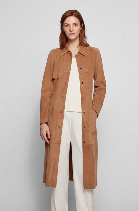 Goat-suede leather coat with covered press-stud buttons, Beige