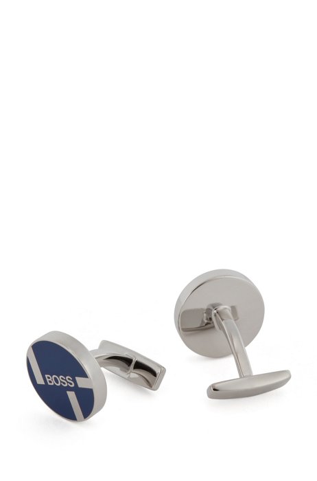 Round cufflinks with coloured face and logo artwork, Blue