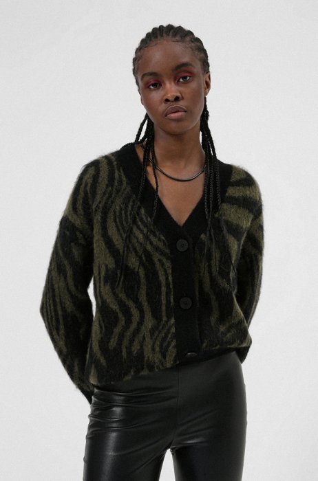 Knitted cardigan with distorted zebra print in relaxed fit, Patterned