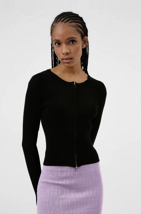 Slim-fit zip-up jacket in stretch fabric, Black