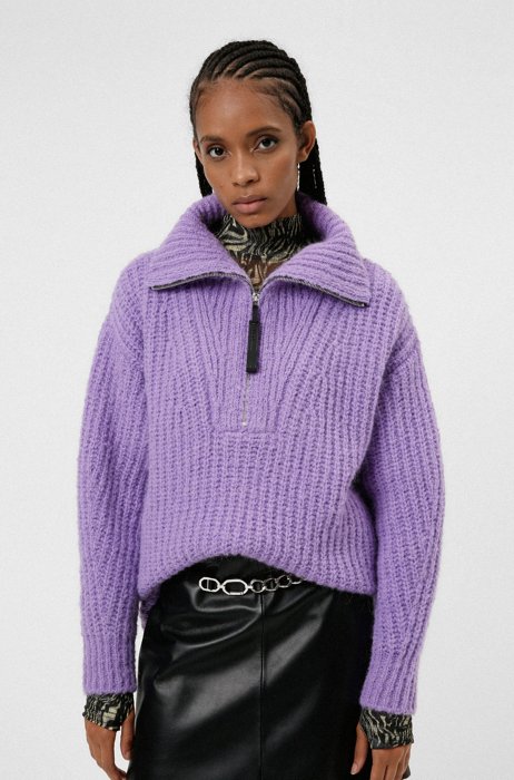 Long-length knitted sweater with high neck zip-up collar, Purple