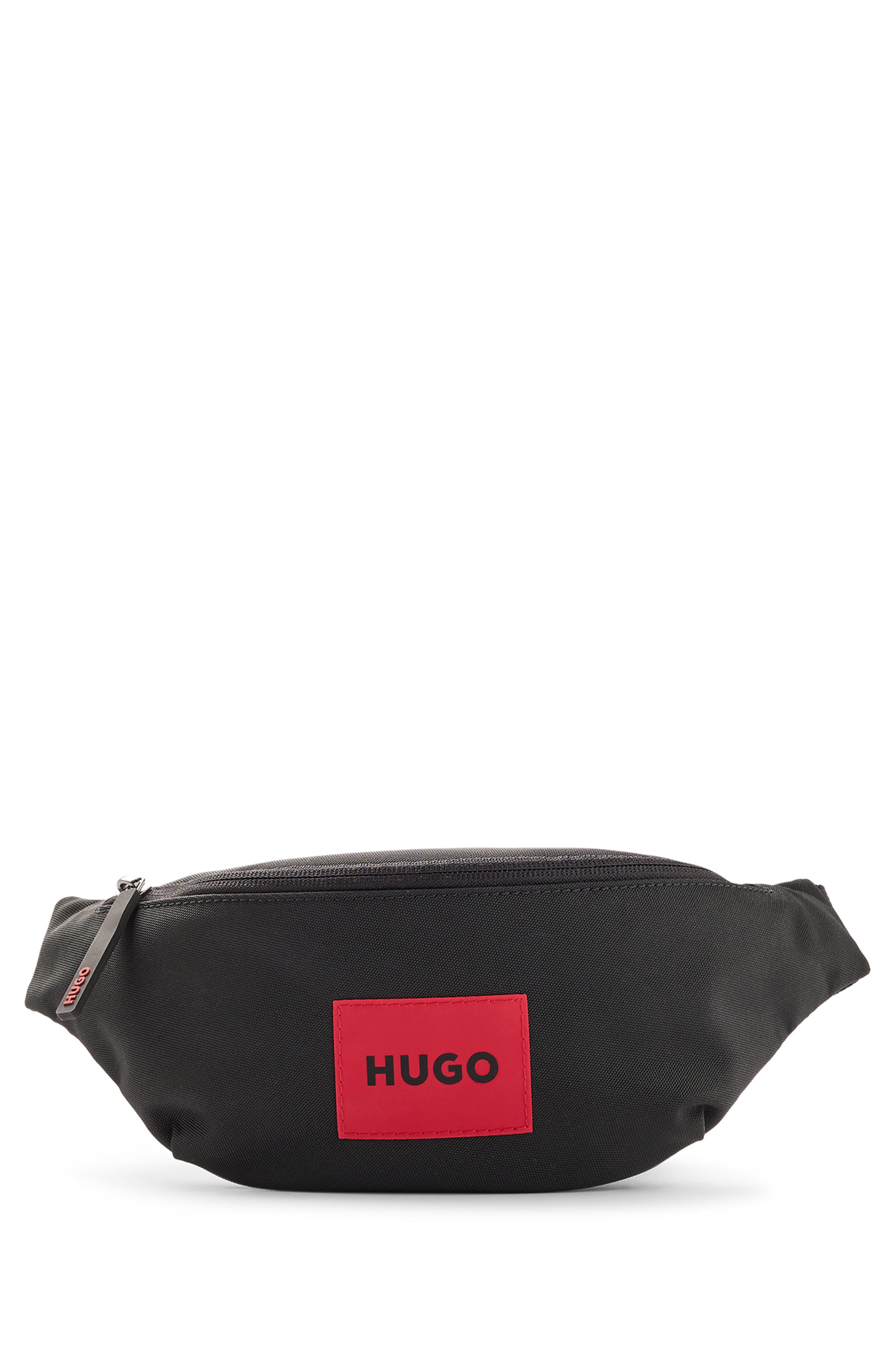 Sac ceinture en nylon recyclé avec étiquette logo rouge, Noir