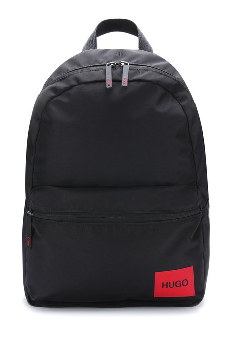 Backpack in recycled nylon with red logo label, Black