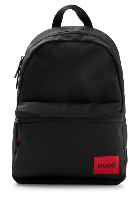Backpack in recycled nylon with red logo label, Black