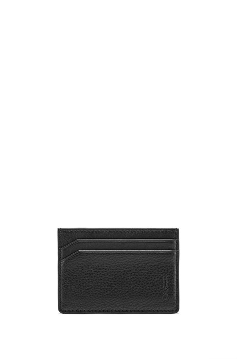Card holder in grained leather with vertical logo, Black