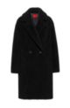 Relaxed-fit double-breasted teddy coat in faux fur, Black