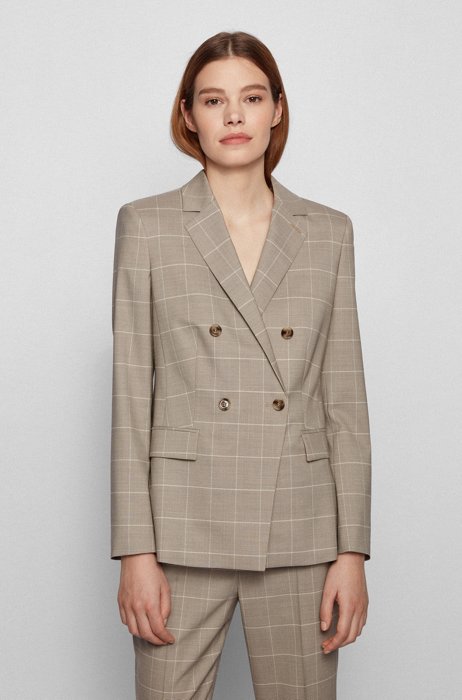 Double-breasted regular-fit jacket in virgin wool and silk, Patterned