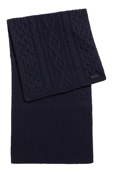 Cable-knit scarf with logo plate, Dark Blue