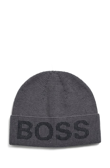 Cotton-blend beanie hat with logo structure, Grey