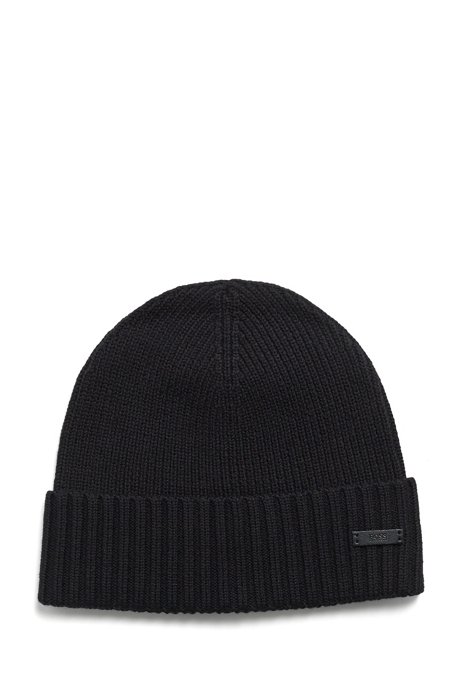 Virgin-wool beanie hat with logo label, Black