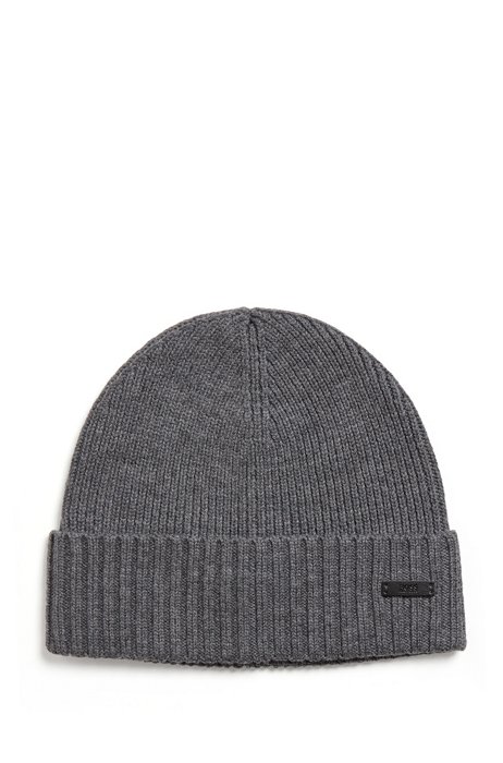 Virgin-wool beanie hat with logo label, Grey