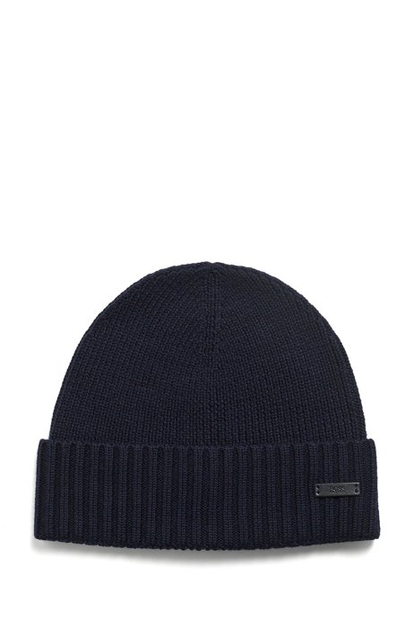 Virgin-wool beanie hat with logo label, Dark Blue
