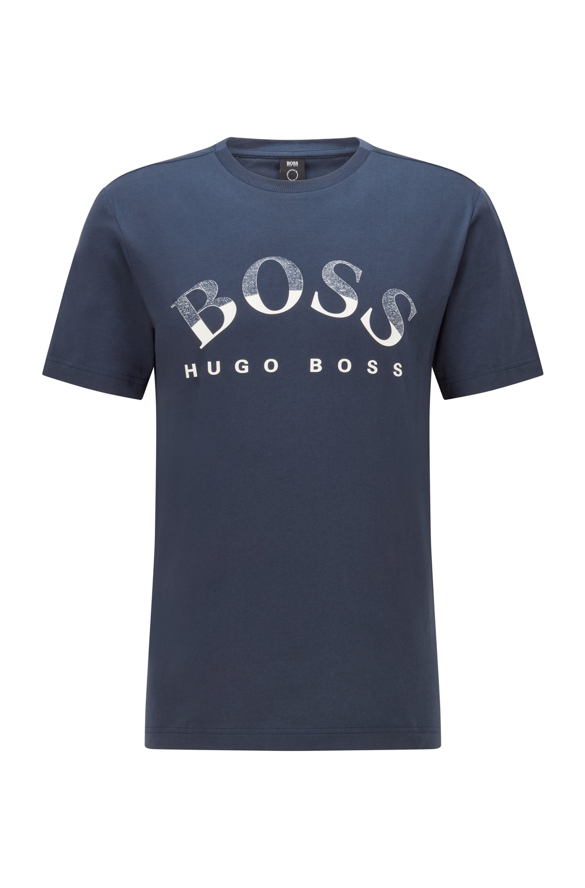 T-shirt en coton biologique avec logo incurvé imprimé, Bleu foncé