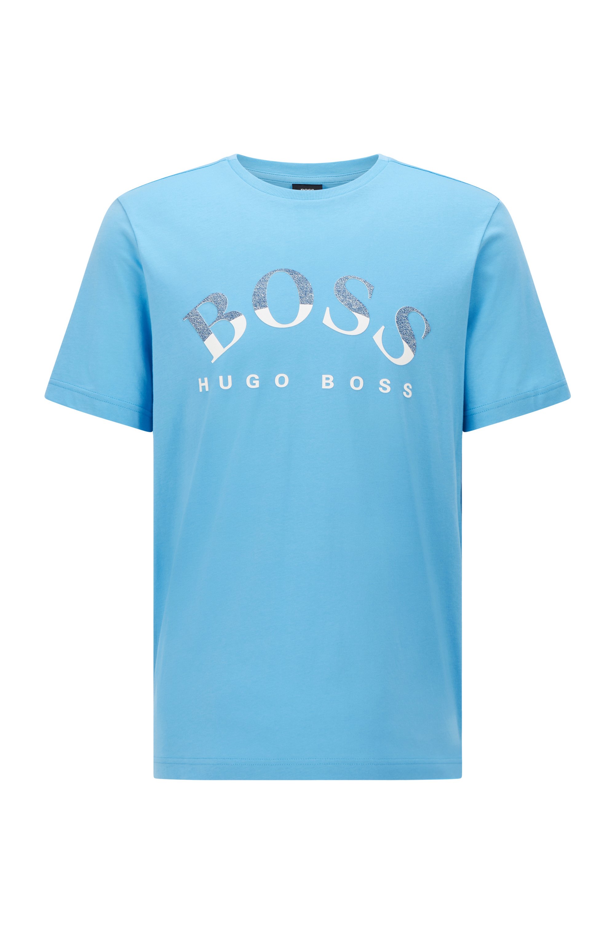T-shirt en coton biologique avec logo incurvé imprimé, bleu clair